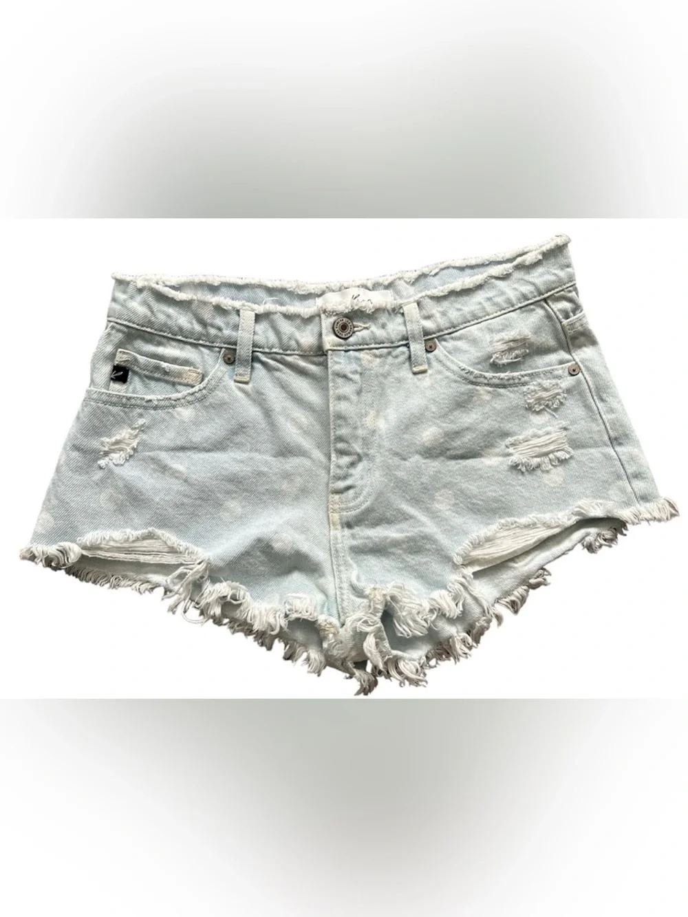 KanCan High Rise Distressed Denim Shorts Light Wash Frayed Polka Dot Small